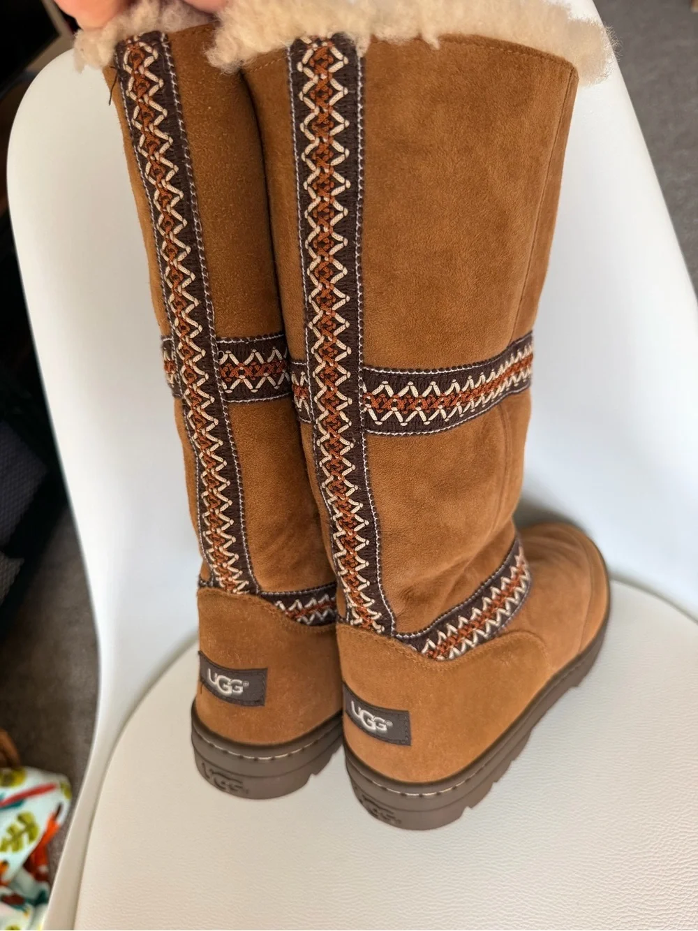 UGG Australia Chestnut Suede Embroidered Tall Shearling Boots US Size 6